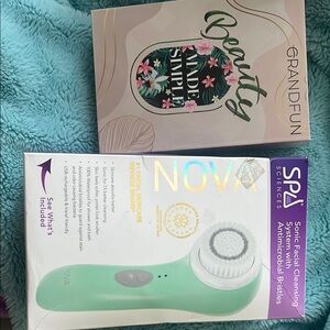 Nova Sonic Facial Cleansing Brush in Mint Green and jade gua sha set